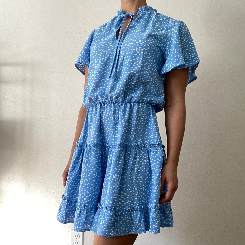 Cute Comfy Blue White Polka Dot Tier Slip Dress with Tie Detail - Medium